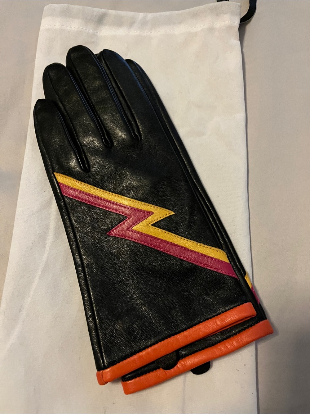 Bowie Style Black Leather Gloves with Orange Trim and Lightning Accent